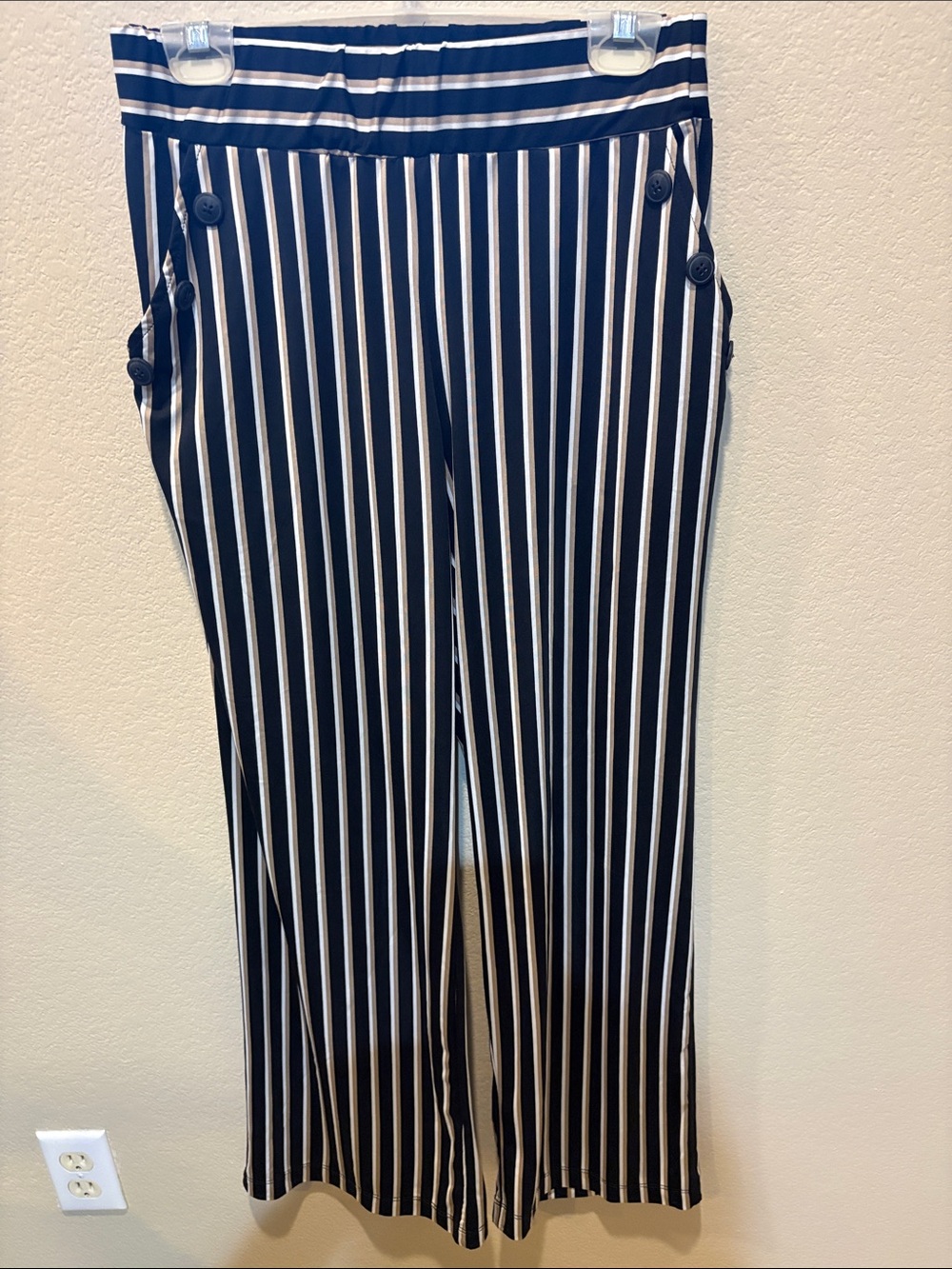 Robert Louis Black with Beige and White Vertical Stripe Wide-Leg Pants